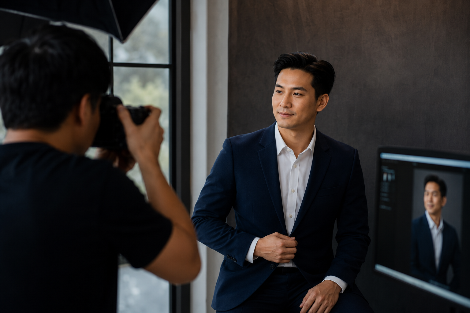 Photographer capturing a studio portrait of a man in a navy suit, with the live shot previewed on a monitor beside him.