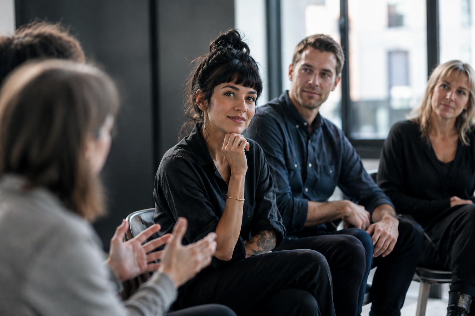 Woman seated in a group conversation, standing out in a social setting
