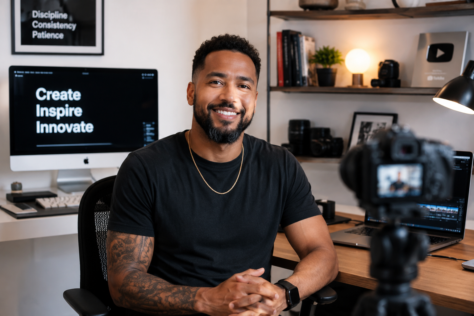 Creator in a human perception design studio, filming at a desk framed by cameras, books, and a screen reading Create Inspire Innovate.
