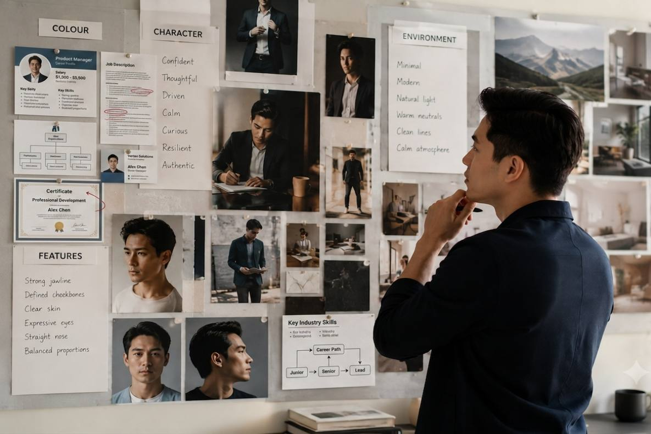 Man studying a personal identity moodboard