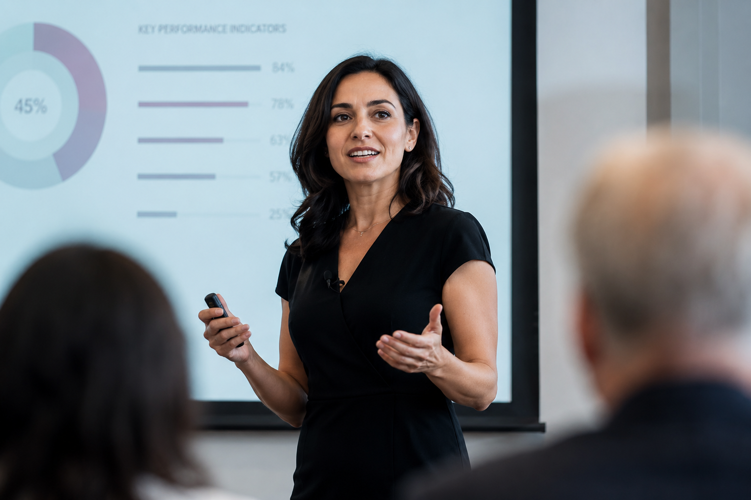 Woman confidently presenting to an audience, demonstrating presence and communication.