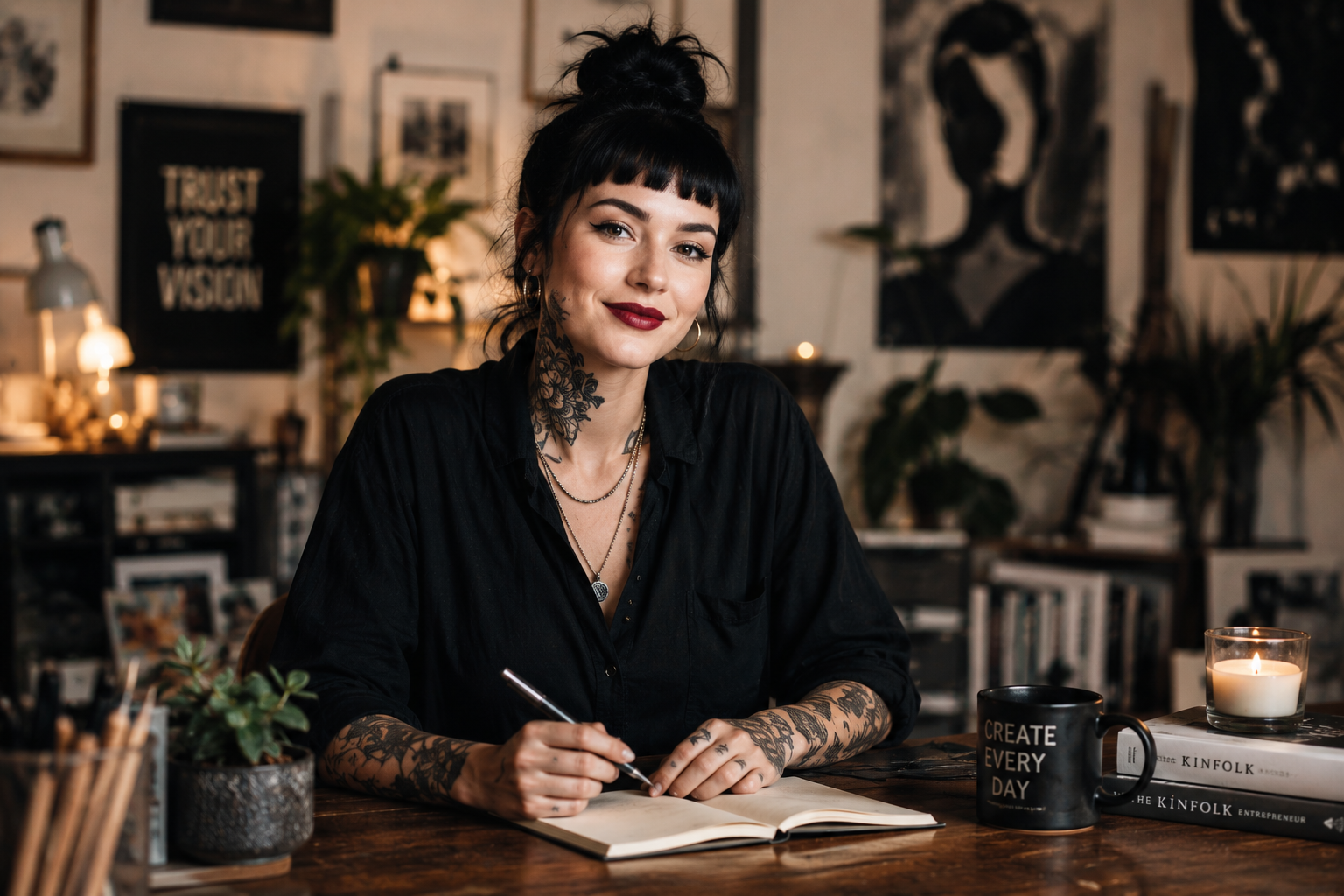 Portrait of a tattooed woman expressing her personal identity and presence.